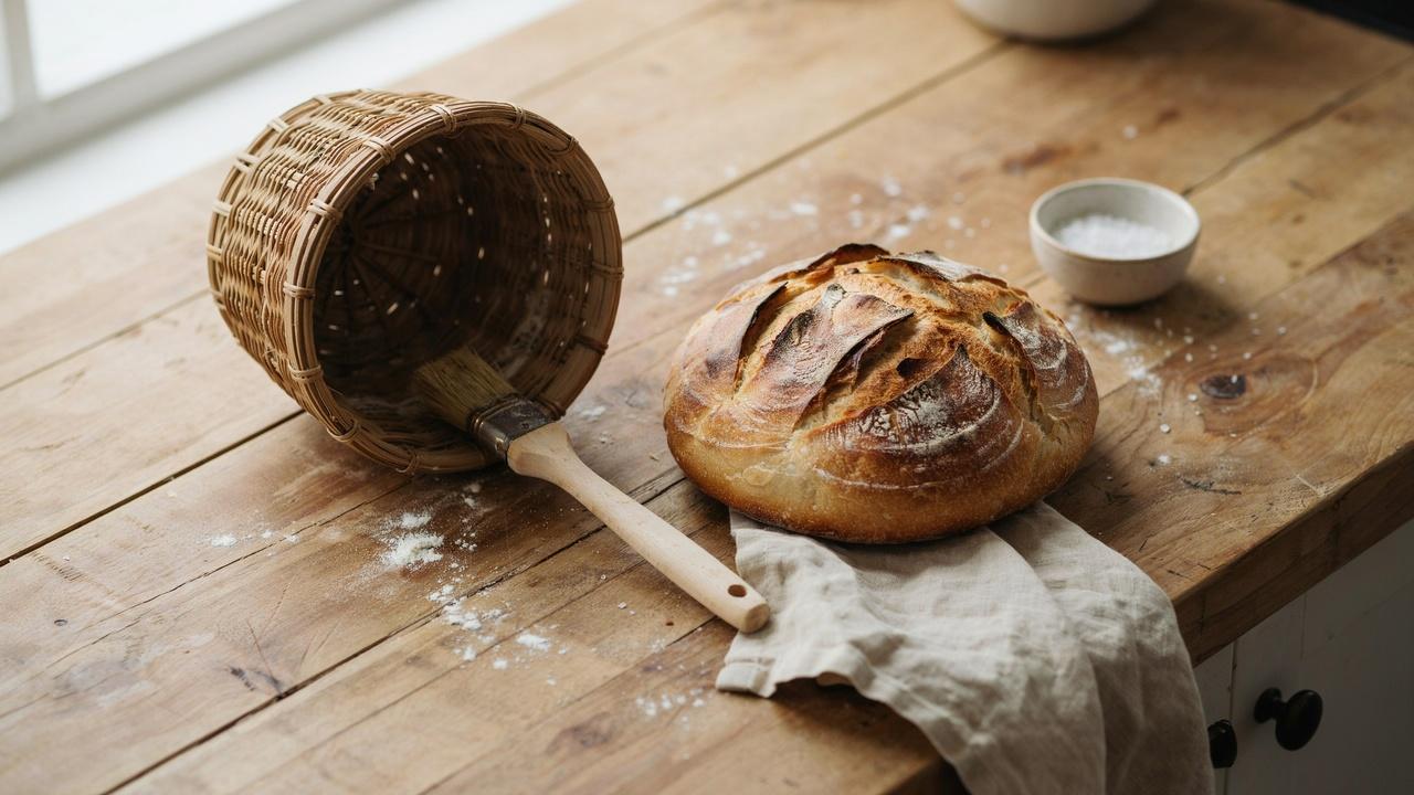 Clean rattan banneton basket with a pastry brush and fresh sourdough loaf on a wooden countertop.