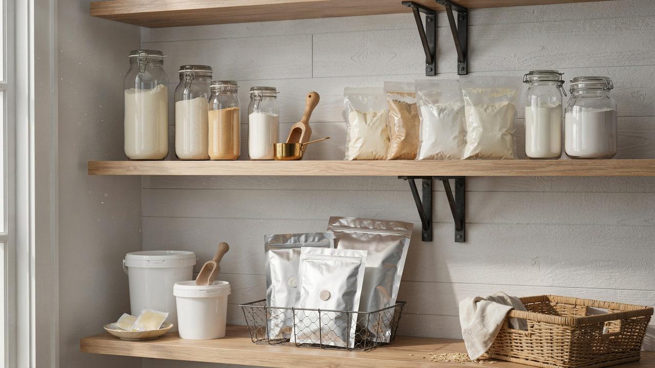 Flour stored in airtight containers, Mylar bags, and food-grade buckets on organized pantry shelves for long-term storage.