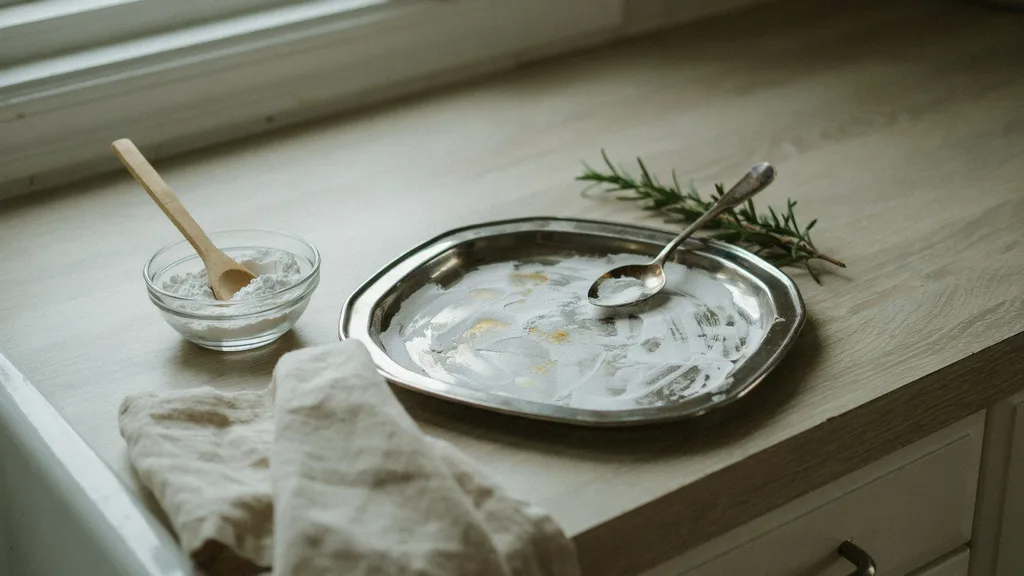 Baking soda paste sitting on tarnished silver to loosen grime during the polishing process.