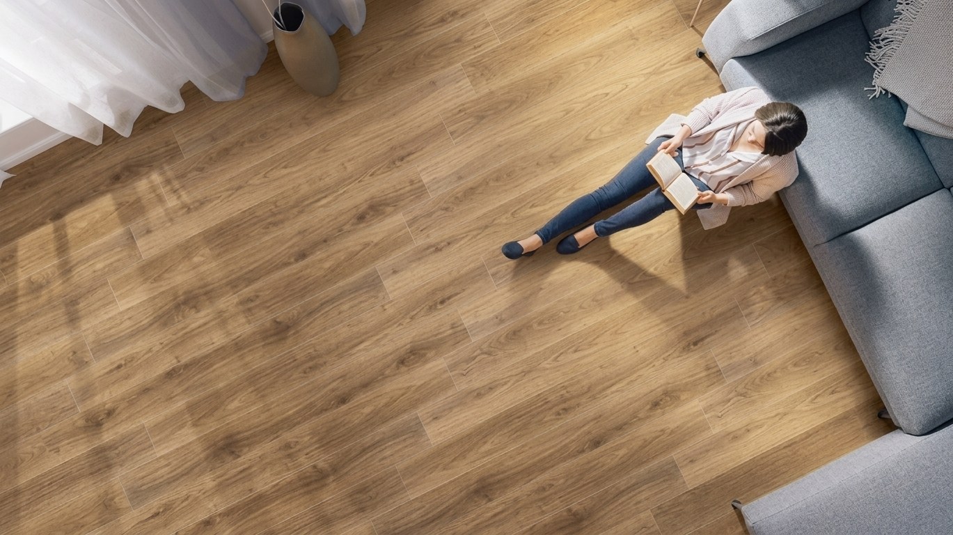 Woman reading a book, sitting on the laminate floor, leaning against the sofa.