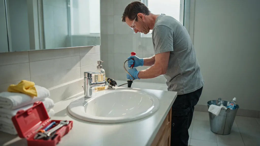 DIY plumber wearing gloves and safety glasses while preparing to use a drain snake safely.