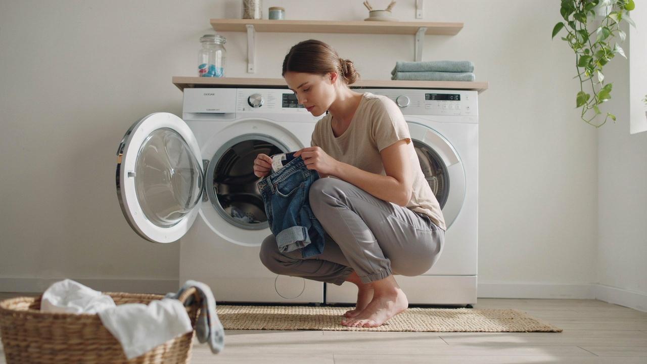 Person placing blue jeans into a washing machine after stain treatment.
