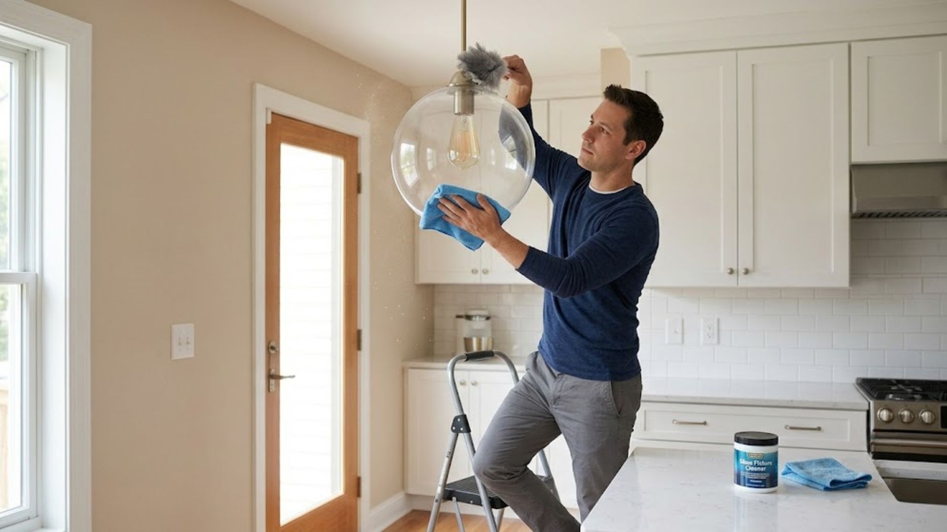dusting a fixed glass globe light fixture with a microfiber cloth