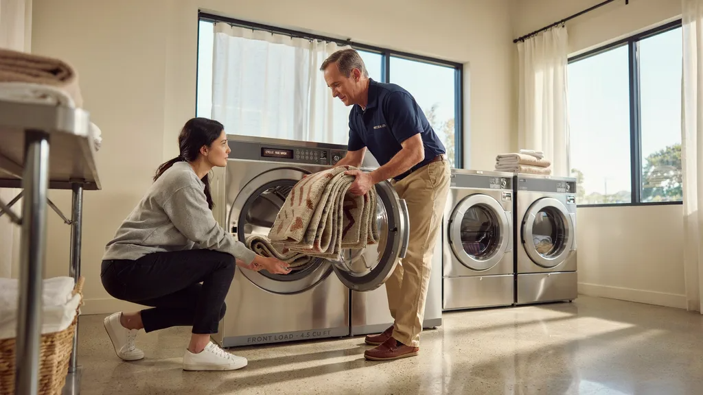 Large washable rug being loaded into a commercial laundromat washing machine.