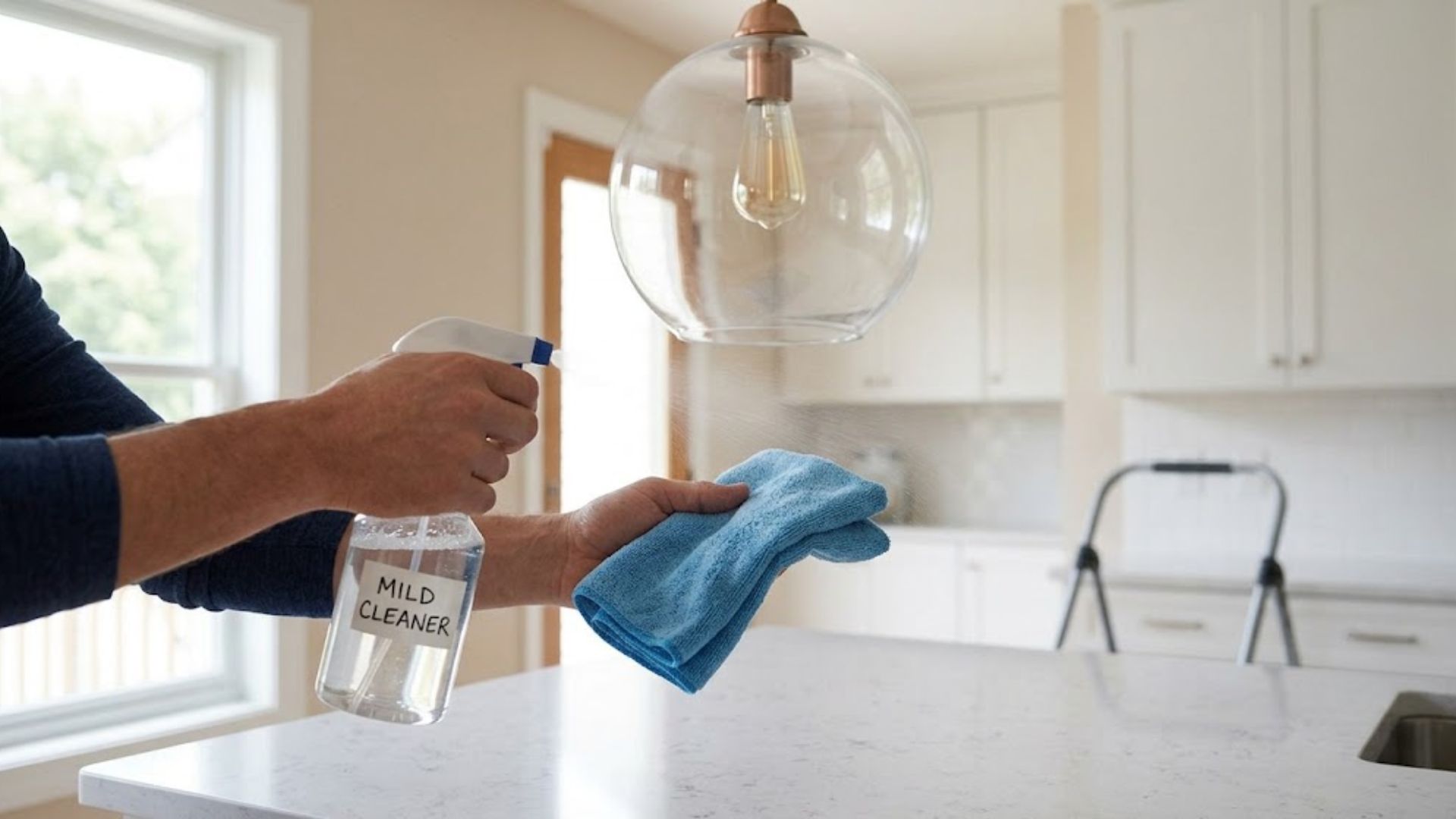 spraying cleaner onto a microfiber cloth before cleaning glass globes