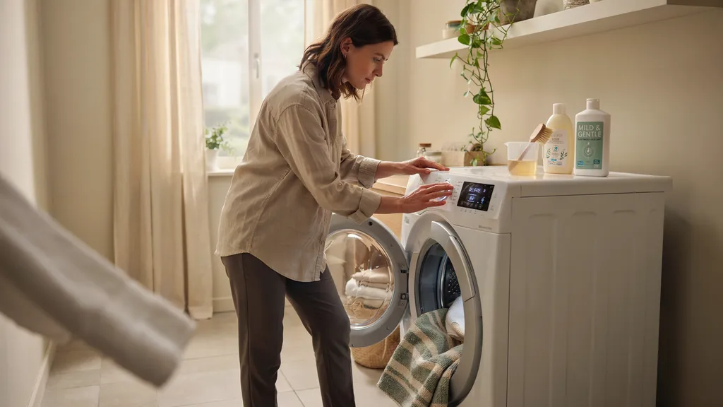 Setting a washing machine to a gentle cycle with cold water for a washable rug.