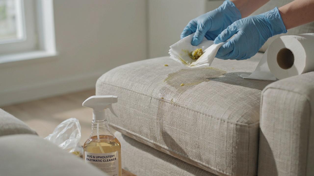 Removing solid vomit from a couch using a spoon and paper towels.