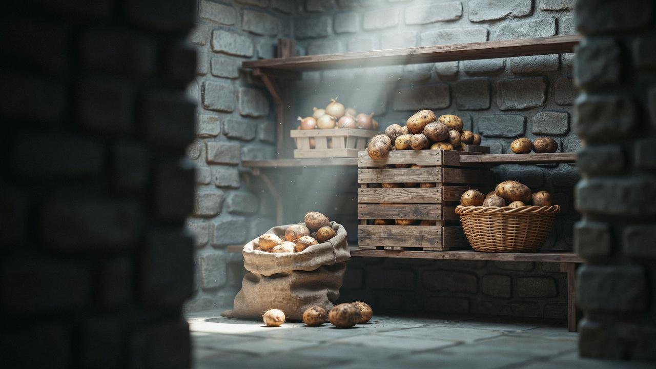 Fresh, firm potatoes selected for long-term storage beside damaged potatoes that should not be stored.