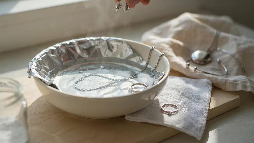 Sterling silver jewelry being gently cleaned in a baking soda and aluminum foil soak, with focus on delicate care.