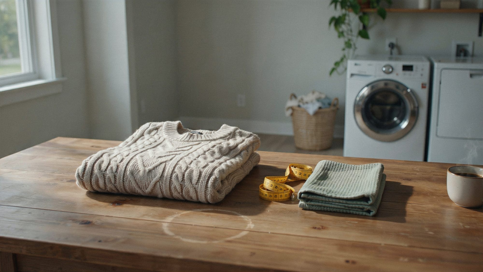 An oversized knit sweater beside laundry tools used to safely shrink it at home.