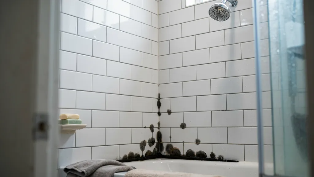 Black mold visible in shower corners of a bathroom before cleaning.
