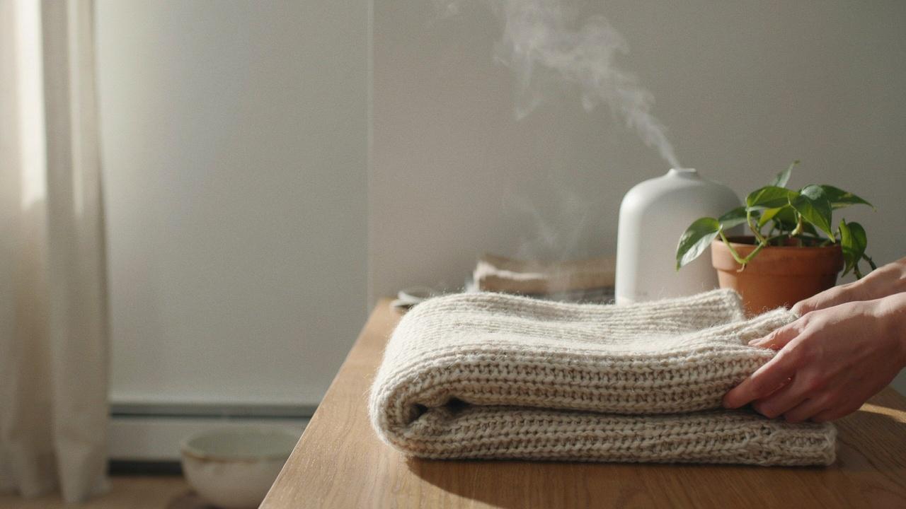 A humidifier misting next to a folded knit blanket.