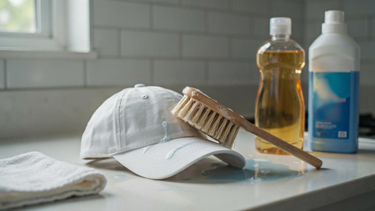 Mild dish soap and laundry detergent cleaning sweat stains from a hat.