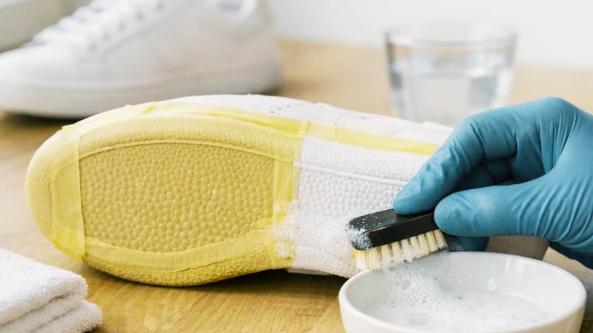 Gloved hand scrubbing a heavily yellowed shoe sole with a brush dipped in soapy water