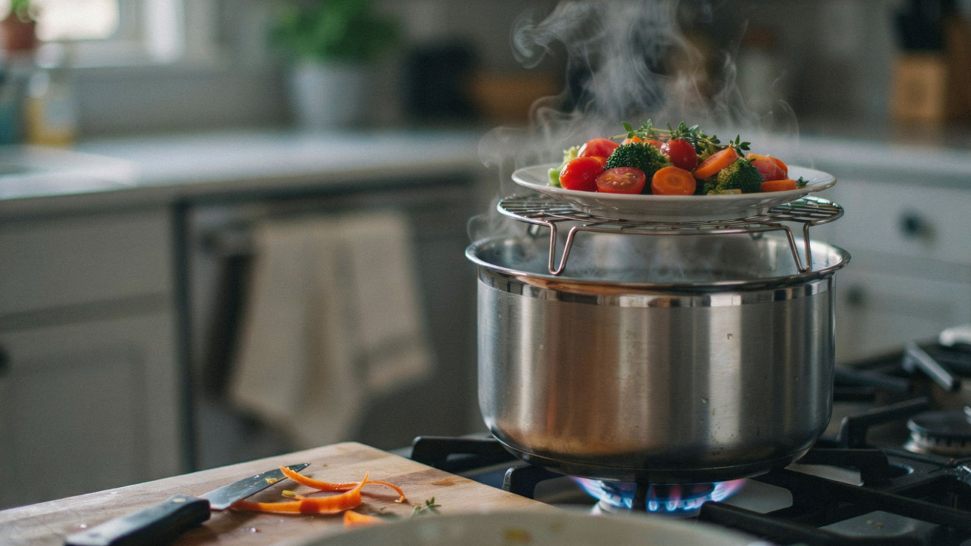 A wire cooling rack inside a pot creating a platform for steaming vegetables.