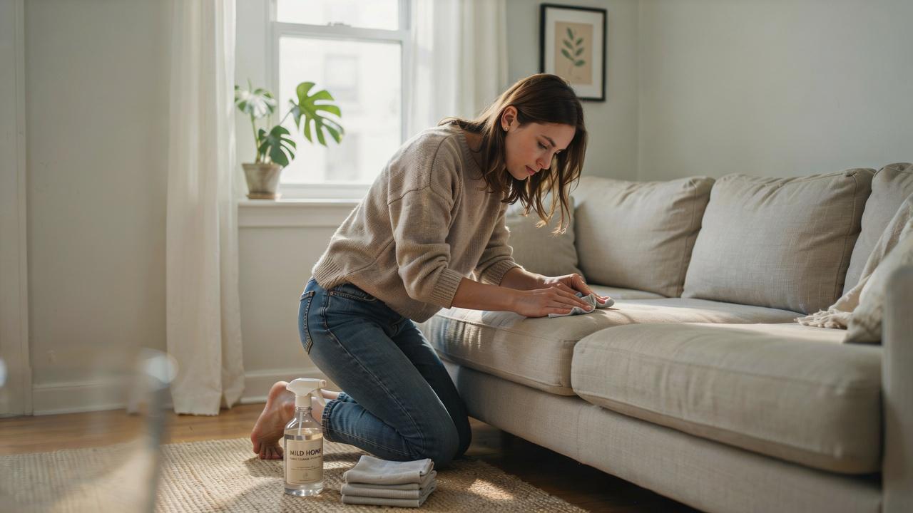 Cleaning a fabric couch using gentle detergent.