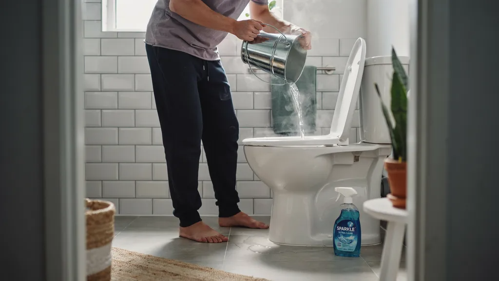 Hot water and dish soap being used to help unclog a toilet in a bathroom.