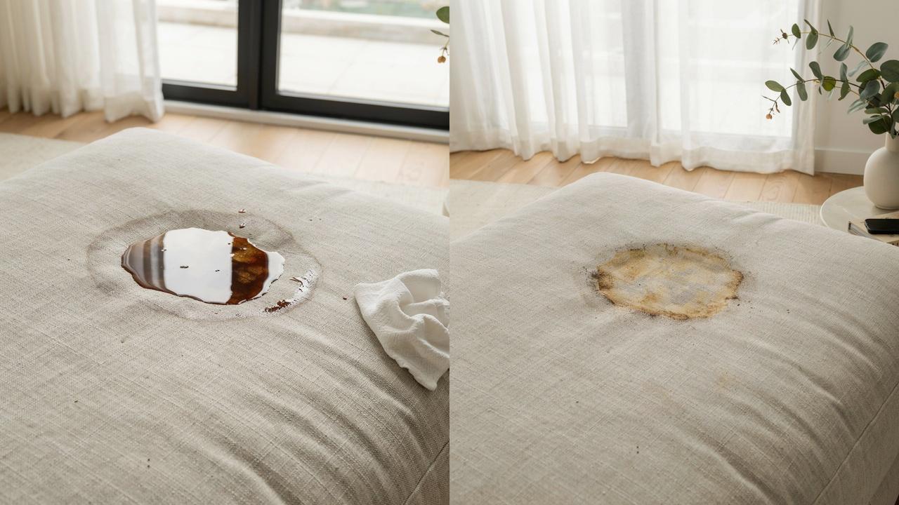 Comparison of fresh and dried vomit stains on a couch showing why immediate cleaning matters.