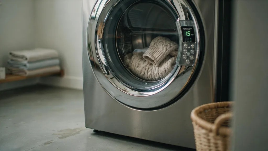 A sweater shrinking gradually in a dryer using short heating intervals.