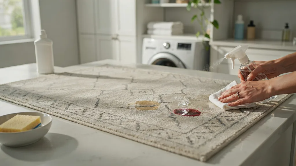 Pre-treating stains on a washable rug using mild detergent and a soft cloth before washing.
