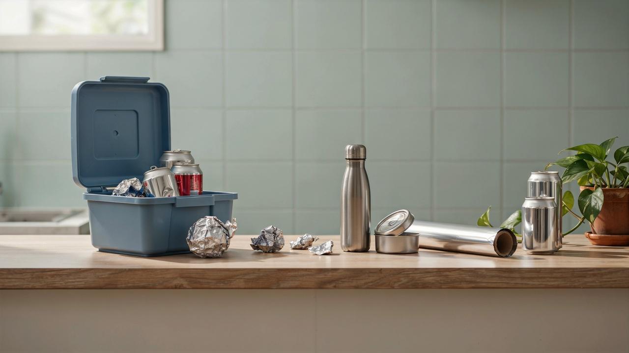 Recycled aluminum foil and aluminum products showing the importance of recycling and reducing waste.