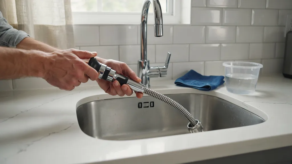 Person rotating a drain snake handle while feeding the cable into a clogged drain.