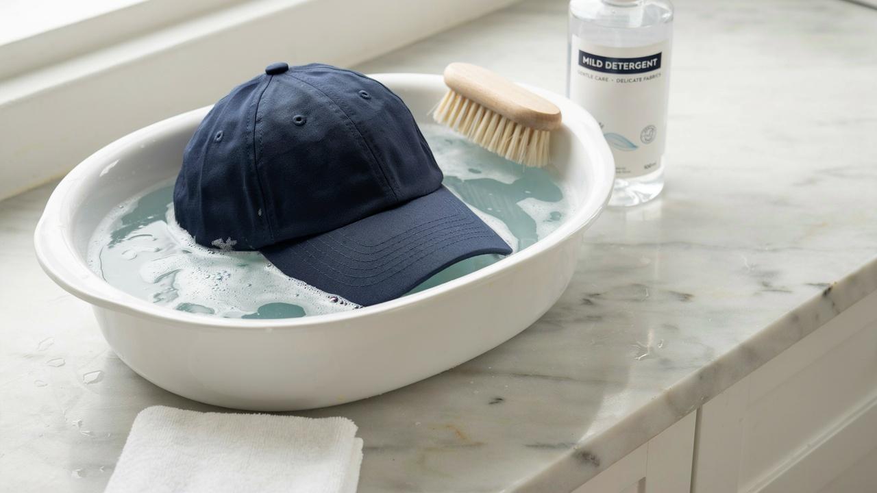 Hand washing a hat in cool soapy water to remove sweat stains.