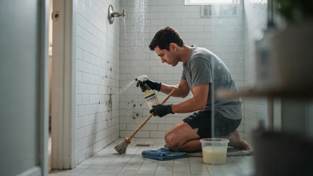 Spraying bleach solution on black mold in shower tiles and scrubbing it off.