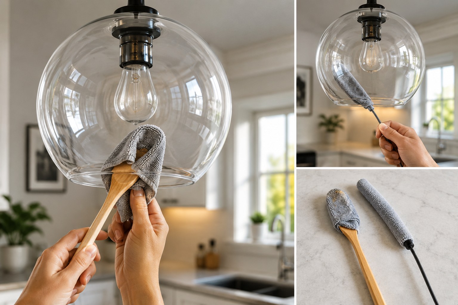 cleaning the inside of a fixed glass globe light fixture with a microfiber cloth on a wooden spoon