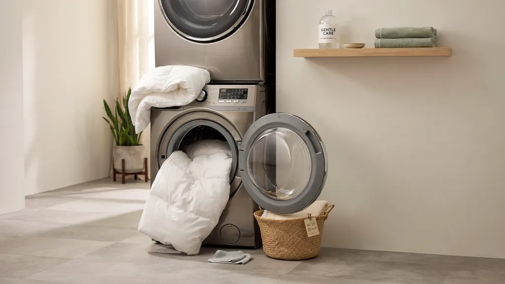 Large comforter being safely washed in a washing machine using gentle cycle settings.