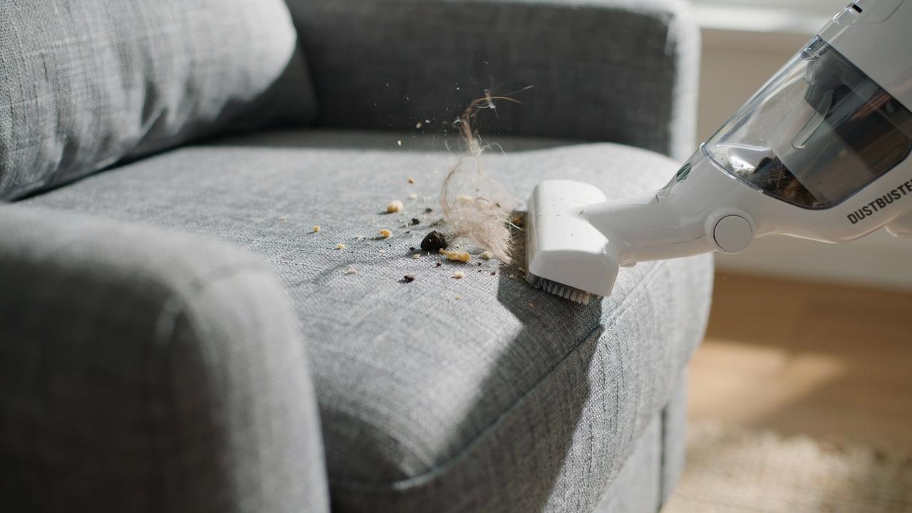 Vacuuming dust and pet hair from a cloth chair.