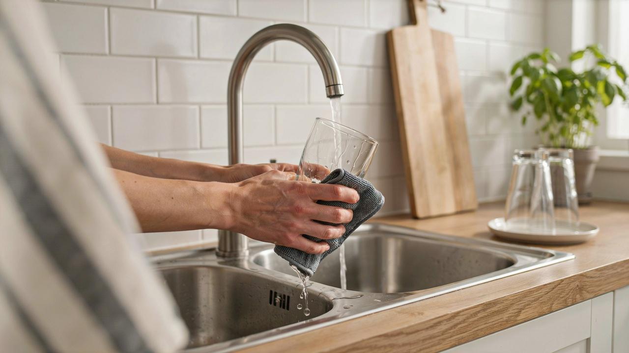 Drying clean glass with a microfiber towel after rust removal.