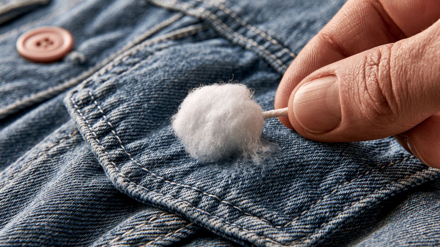 Applying rubbing alcohol to remove sticker glue from denim.