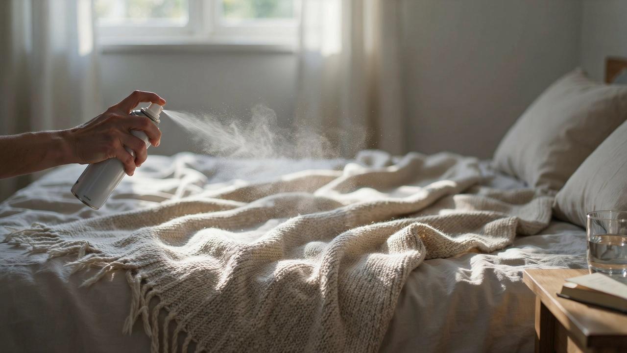 A hand using a spray bottle to apply anti-static spray onto a textured beige blanket on a bed.