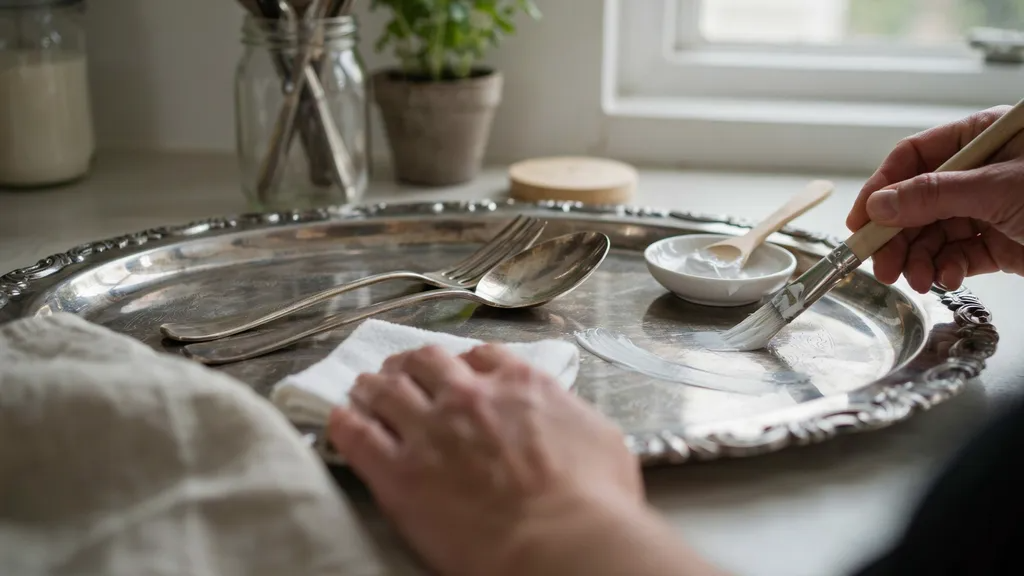 Polishing silverware and decorative silver tray with baking soda paste using a soft brush for engraved details.