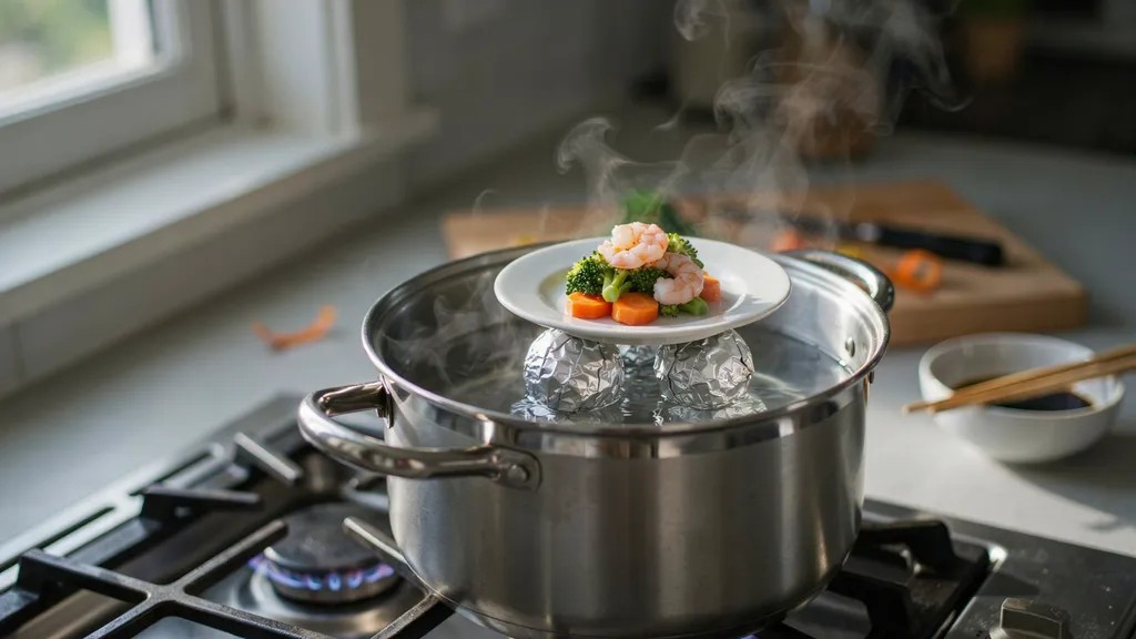 Foil balls supporting a plate above simmering water inside a cooking pot for steaming.