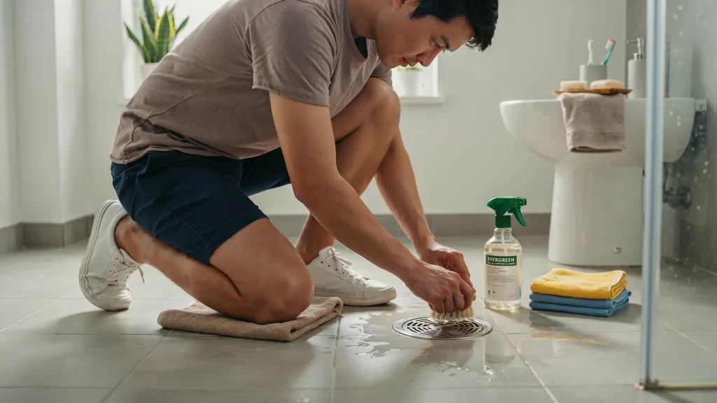 Cleaning leftover residue around a shower drain after removing hair buildup.