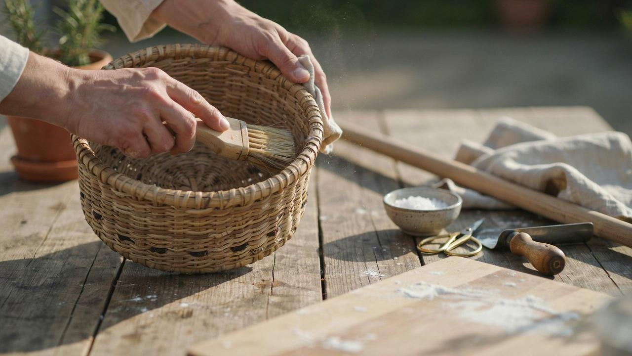 Removing mold from a banneton basket using a dry brush and gentle cleaning.