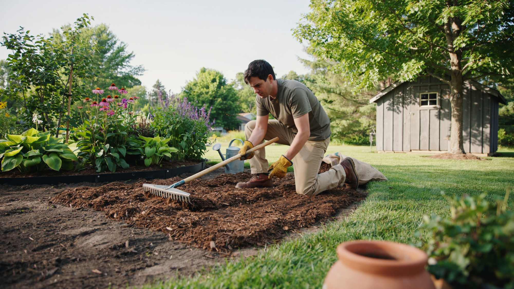 gardener covering bare soil with wood mulch to discourage sweat bee nesting