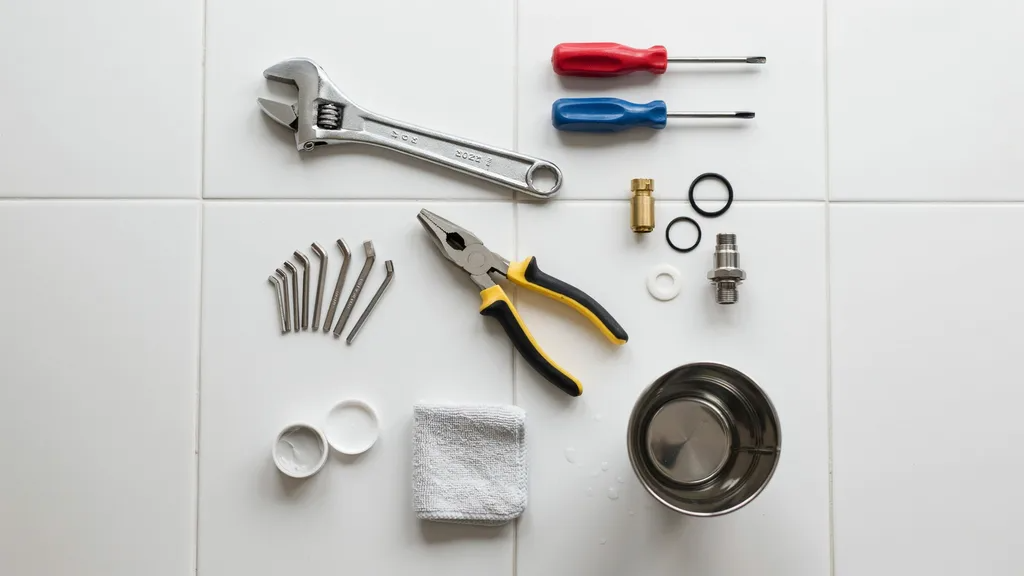Basic tools laid out for fixing a dripping faucet, including wrenches, screwdrivers, pliers, and replacement parts.