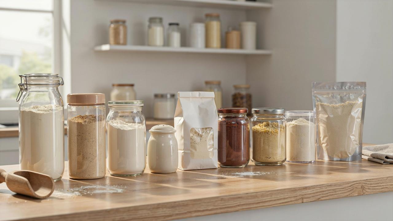 Different types of flour stored in sealed containers and packages to illustrate their varying shelf lives.
