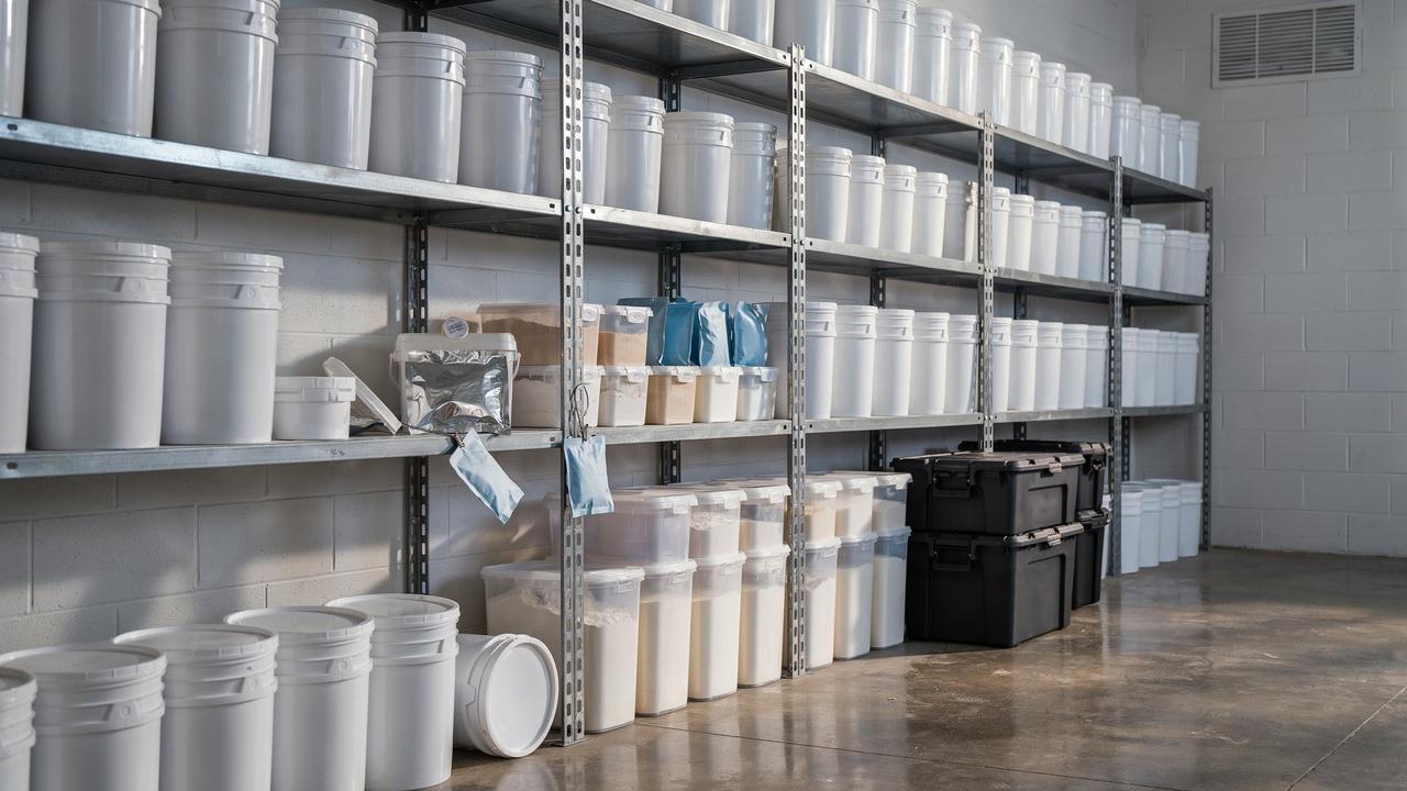 Bulk flour stored in food-grade buckets, Mylar bags, and airtight containers for long-term emergency preparedness.
