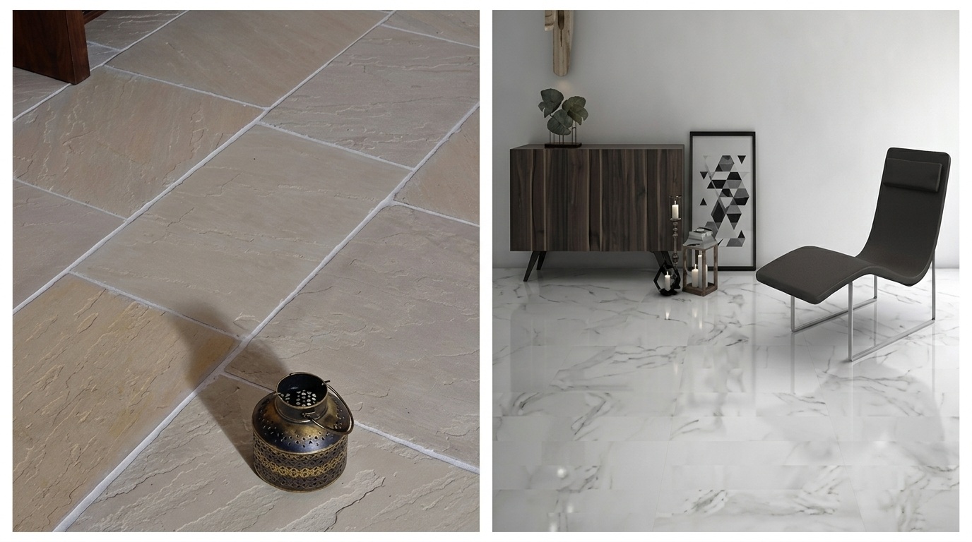 Split image showing beige stone floor tiles with grout lines and a modern bathroom with ceramic floor.