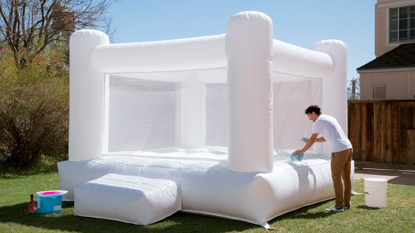 Person cleaning a white bounce house outdoors before a party.