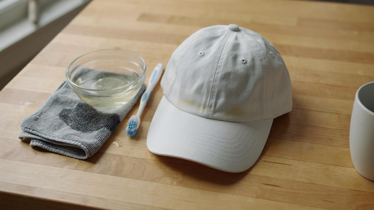 White vinegar solution used to clean sweat stains from a hat.