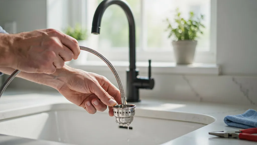 Hands carefully inserting a drain snake into a sink drain to reach a clog.