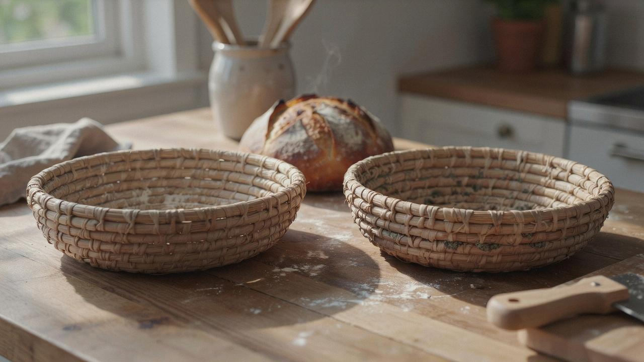 Clean and dirty banneton baskets showing why regular cleaning helps prevent flour buildup and mold.