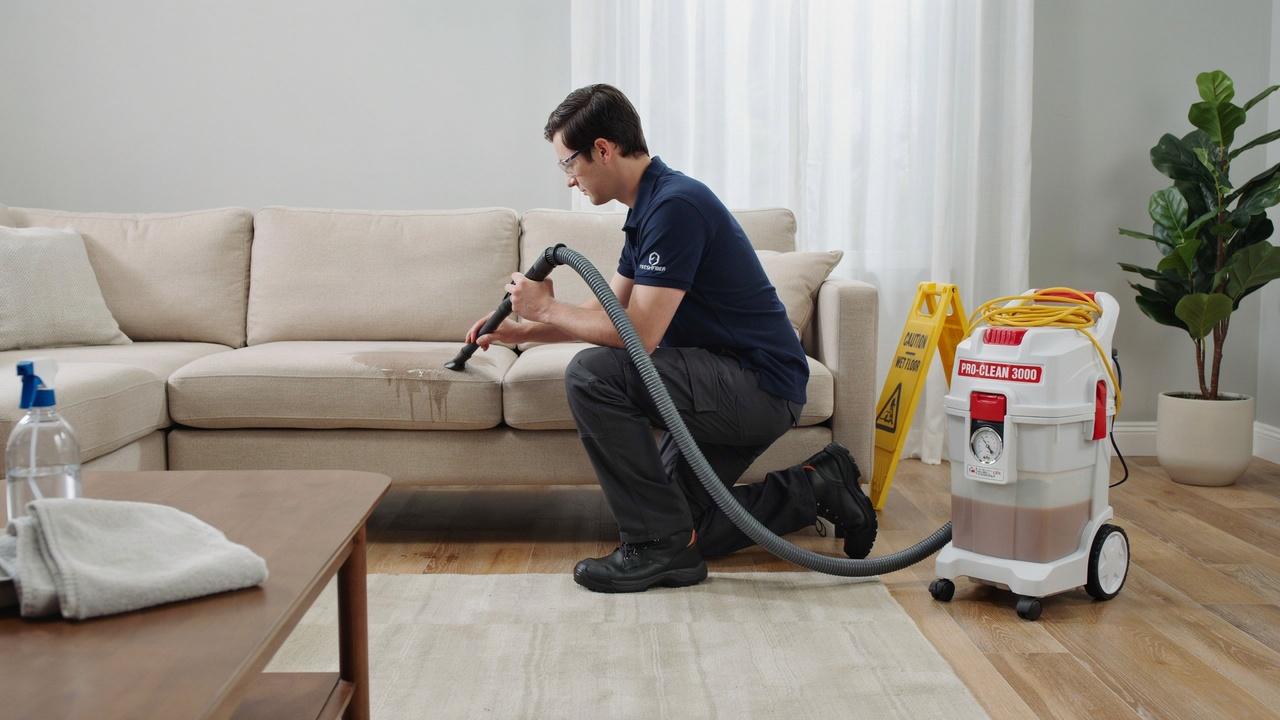Professional upholstery cleaner deep-cleaning a couch.