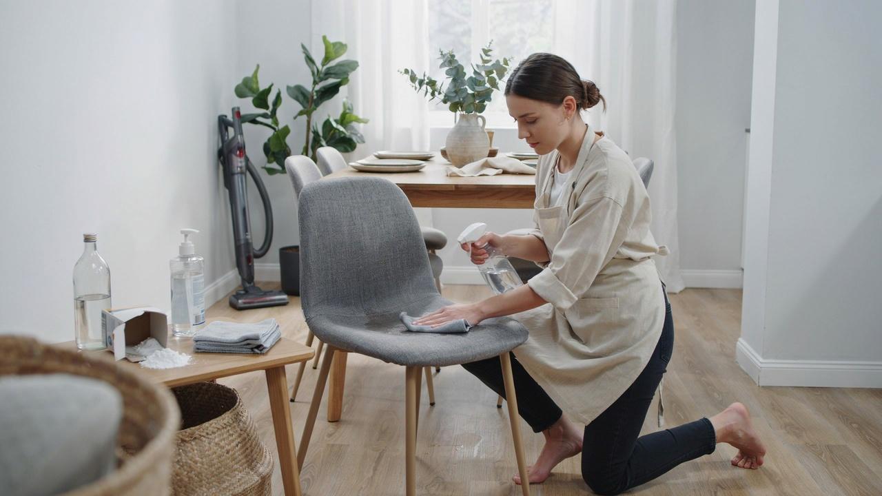 Person cleaning a cloth dining chair at home with DIY cleaning supplies.