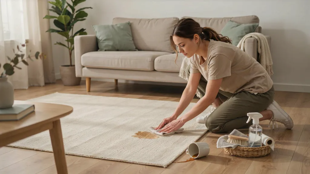 Washable rug being cleaned after a coffee spill in a home setting.